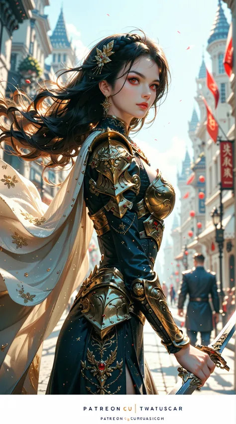  A mysterious and charming figure ， with dark red eyes ， dressed in beautiful black and gold warrior armor {x}，Holding a double sword ， stands against the backdrop of a starry city street 。