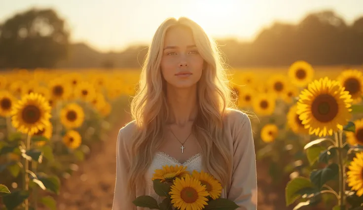 (photorealism:1.2), "A young woman with long, flowing blonde hair stands in a sun-drenched field, holding a vibrant bouquet of sunflowers close to her chest. She wears a light, delicate jacket, and her serene expression reflects a sense of peaceful contemp...