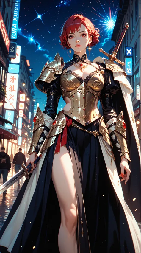  A mysterious and charming figure ， with dark red eyes ， dressed in beautiful black and gold warrior armor {x}，Holding a double sword ， stands against the backdrop of a starry city street 。