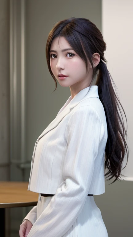 8k,  highest quality,  table top:1.2), ( by Nomi,  photorealistic under white micro:1.37),  highest quality,  table top,  beautiful young women,  pensive expression ,、 attractive、そして attractive表情,  recruitment suit,  with hair tied at the back , movie back...