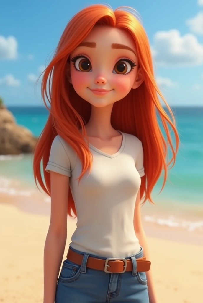  A Disney Pixar-style girl .  She has straight red hair , with a light and soft tone ,  that falls naturally up to her shoulders . His facial features are fine,  with a slightly rounded face ,  and her forehead is slightly square . The nose is straight, th...