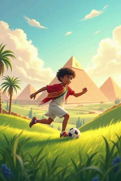 An Egyptian boy plays football in a big and beautiful field