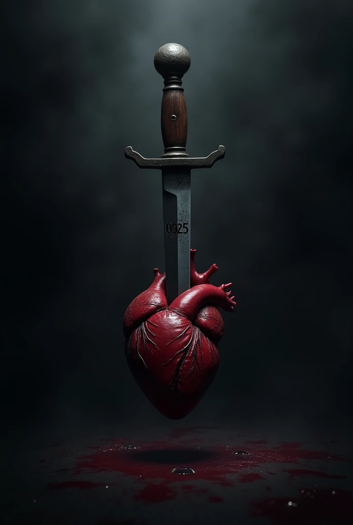 Create a wallpaper for iphone with a dark aesthetic background with a dagger plunging a human heart (not his body just the heart) with the number 0525 written on the dagger. 