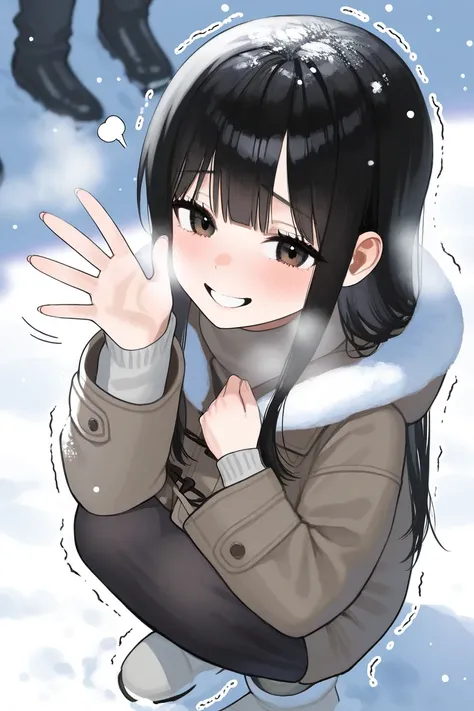  woman shivering in the cold in the snow、 Warm Winter Coats、 sounds fun、A trembling smile 、 waving、 Straight Hair 、 School grounds、 Daisei、 white breath 、 eyes wide open、Snow in your hair、Thin piles of snow、A cold look、 black hair、 long、 high school girl、 ...