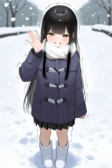  woman shivering in the cold in the snow、 Warm Winter Coats、 sounds fun、A trembling smile 、 waving、 Straight Hair 、 School grounds、 Daisei、 white breath 、 eyes wide open、Snow in your hair、Thin piles of snow、A cold look、 black hair、 long、 high school girl、 ...