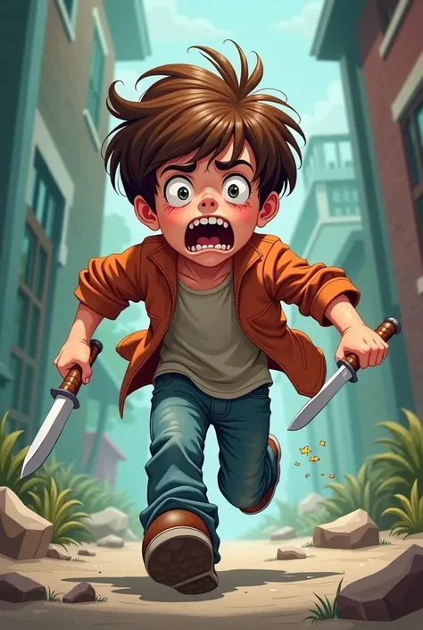 a scared brown haired boy holding only one knife and running away with tears in his eyes cartoon/comic style