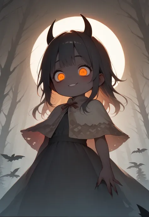 ( Dark Girl Drinking Black Tea at Moonlight "Hzk"),Alone,( 1 cute devil girl ), (Black profile close-up ) , ( Upper Body Focus ) , (Amazing Evil Smiles ) , (Horns and long nails and orange eyes),( look down:1.3),( Wears a Very Long, Large Capelet),(Traditi...