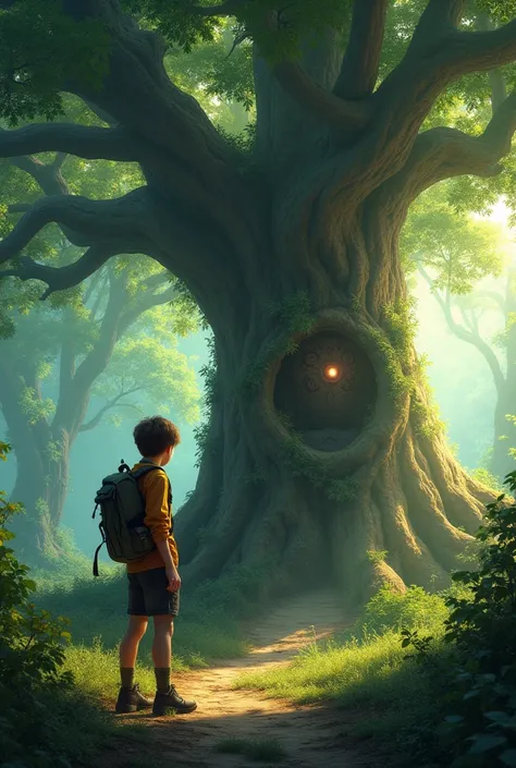 A picture of an adventurous boy next to a mysterious tree in the forest and the tree talks to the  to be beautiful 