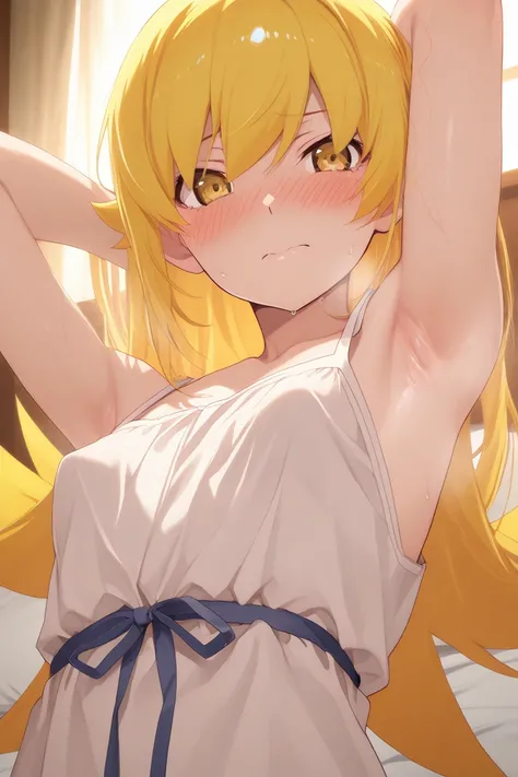 （ high quality）（ Masterpiece） blonde　Shinobu Oshino　Kiss Shot　 bed　Breasts are modest small breasts　 slender　Armpit　Arm Raise　Armpitまで舐め上げる　Steam Hunters　Embarrassed