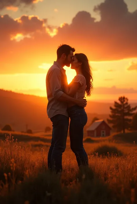 Crie um casal em um por do sol bem realista e bem country 