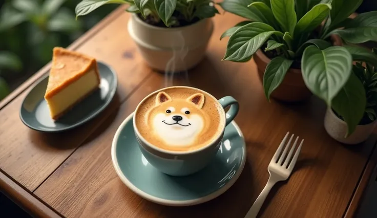 On a wooden table、A fork is placed on the mug and cheesecake plate with Shiba Inu cafe latte art。Stylish foliage plants。 steam is coming out。Bird&#39;s-eye view。