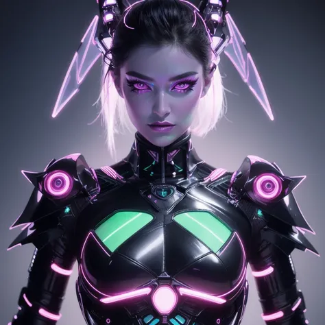 a sexy woman with neon makeup, fantasy render, highly detailed cybernetic body, anthropomorphic _ humanoid, detailed face and body, she has iridescent membranes, humanoid flora, iridescent, sharp high detail face, by Chase Stone, glowing magenta face, ultr...