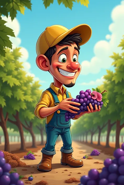 Cartoon of a Brazilian worker manipulating grapes with fungus and saying something funny about 