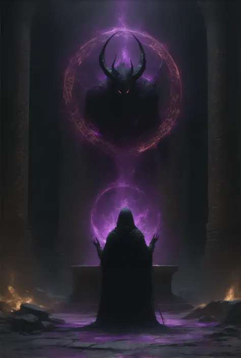 Altar of Sacrifice, hooded cloak, Necromancy, summoning, Demon rising from a sacred circle, glowing runes, temple, dark surrealism, high detail, masterpiece.