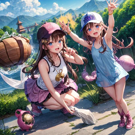  pink brown brown hair、  blue eyes、  Has hair tied  、Two cute people、  check mini skirt、  black t-shirt、 Light clothing、  tank top、  camisole、 high socks、 Boots、Teeth are visible、The stone is cracked、  The Road Is Crooked 、Mountain々、fog、 moon、  shooting st...