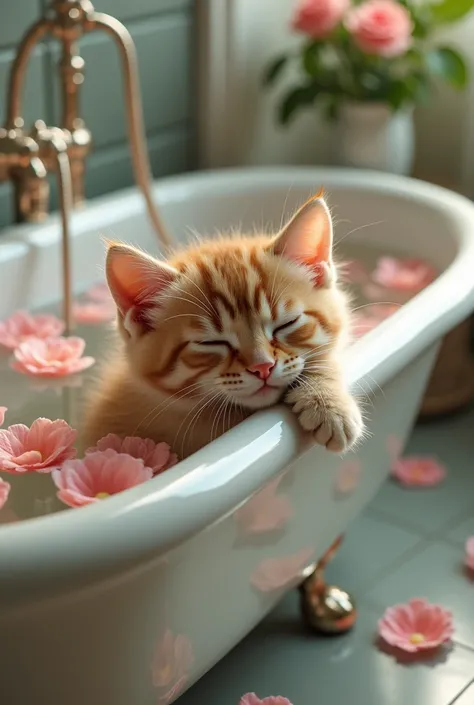  surreal。Real photo。 A kitten with light brown fur soaks in a bathtub with rose petals floating in a luxurious and elegant bathtub、The seat back is attached to the face 。I'm relaxing 。Real photo。