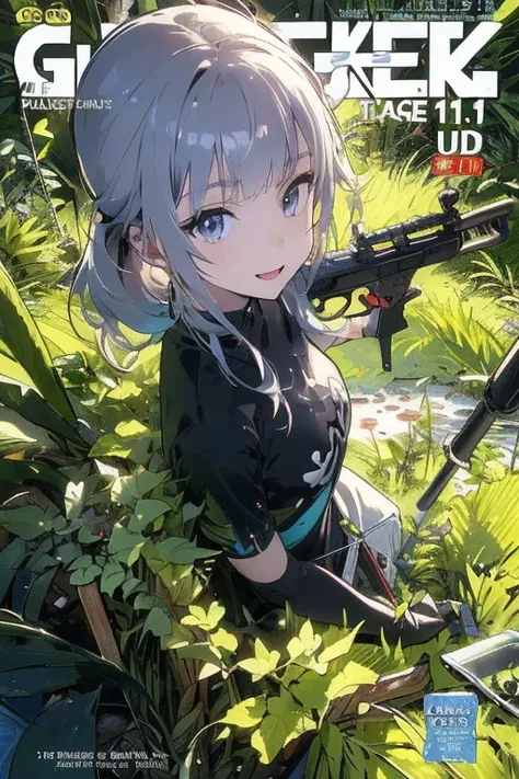 (best quality ), a girl have one rifle with her hand , Platinum color hair , The dreamer wants purplish blue eyes , medium , Lori will do it, (masterpiece:1.2, best quality ), (Beautiful detailed depiction : 1.2), ( beautiful detailed face ), ( small Breas...