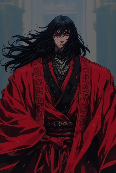 Create a Taoist, he is the leader of the heavenly demon cult.,  uniform with long black hair,  black eyes, wear a red robe with black details, he is 30 years old, He is very muscular 