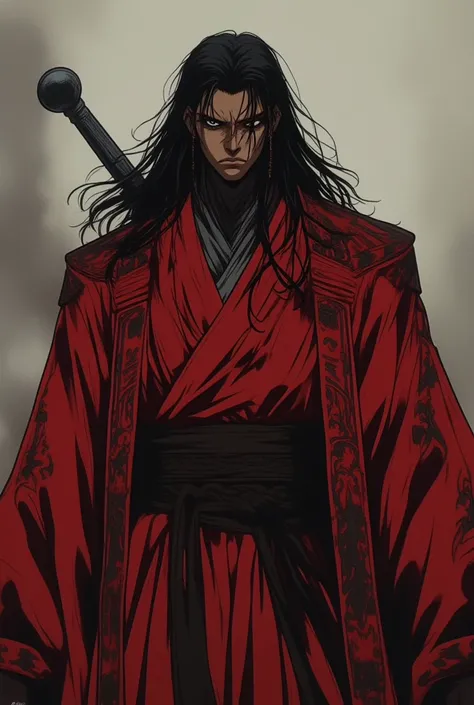 Create a Taoist, he is the leader of the heavenly demon cult.,  uniform with long black hair,  black eyes, wear a red robe with black details, he is 30 years old, He is very muscular 