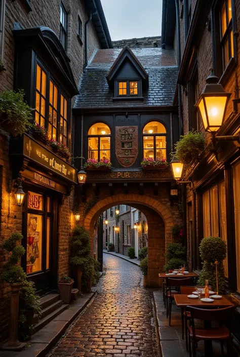 A cute narrower limestone curved alleyway in England lined with quaint restaurants and cafes. The Victorian English and Irish high buildings feature dark wood exteriors with large windows showcasing warm, inviting interiors. Lanterns hang above, casting a ...