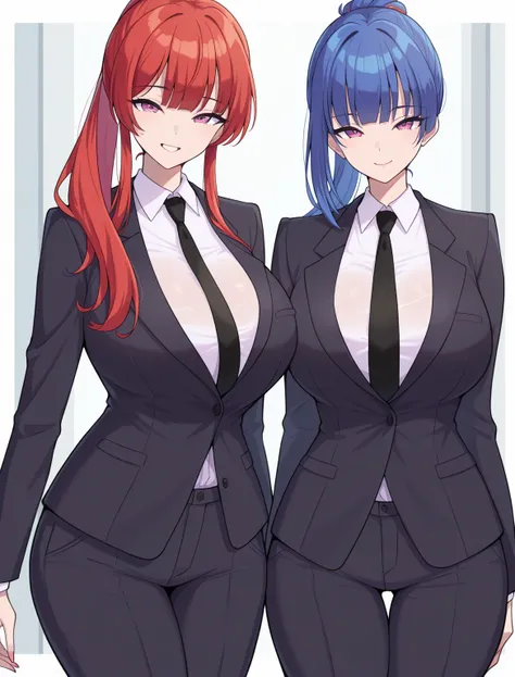 8k, highest quality,  Masterpiece,  ultra high resolution,, ( real skin texture), (), 2 girls, （(Super Breasts That Are Too Huge )）, , beautiful、 Detailed Eyes and Faces , Masterpiece,  highest quality,、whole body、 suit， pants style、 tie、 bodyguard、（(Super...