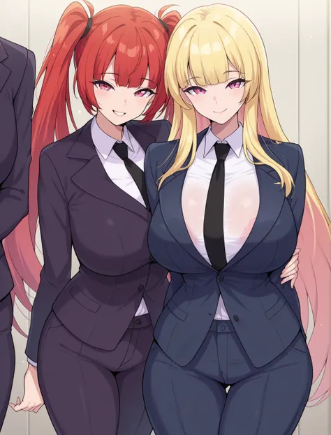 8k, highest quality,  Masterpiece,  ultra high resolution,, ( real skin texture), (), 2 girls, （(Super Breasts That Are Too Huge )）, , beautiful、 Detailed Eyes and Faces , Masterpiece,  highest quality,、whole body、 suit， pants style、 tie、 bodyguard、（(Super...