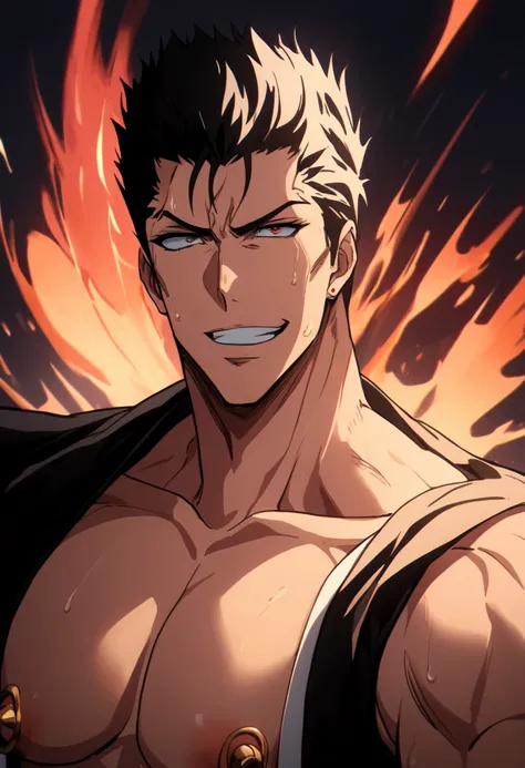 Isshin Kurosaki, the flamboyant and powerful captain, in a surprisingly seductive pose. He stands shirtless, revealing his muscular torso, which is adorned with a glinting nipple piercing on each pectoral, drawing the viewer's gaze to the delicate metal ba...