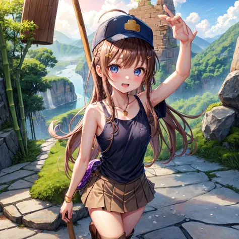  pink brown brown hair、  blue eyes、  Has hair tied  、Two cute people、  check mini skirt、  black t-shirt、 Light clothing、  tank top、  camisole、 high socks、 Boots、Teeth are visible、The stone is cracked、  The Road Is Crooked 、Mountain々、fog、 moon、  shooting st...