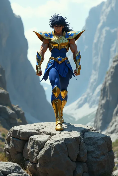 Create an image of Saint Seiya Pegasus walking on a boulder. realistic image .