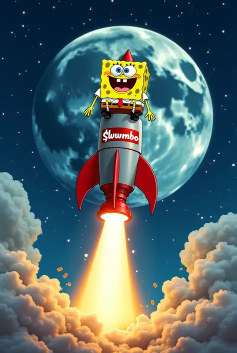 Image of SpongeBob on a rocket launcher to the moon With $WUMBO written on it 