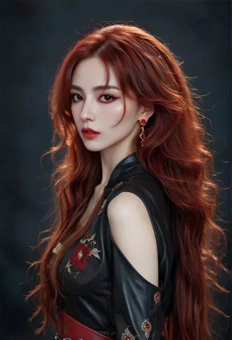  DARK DARK FANTASY  ,   WOMAN WITH WHITE SKIN AND LONG CRUST HAIR ,, Around 30 years old、lips and nose  ,  pointed ears  , shiny red earrings、long crimson mane  ,  very long hair  , Red curly hair , black eyes,     Straight Face   , BLACK LEATHER CLOTHES W...