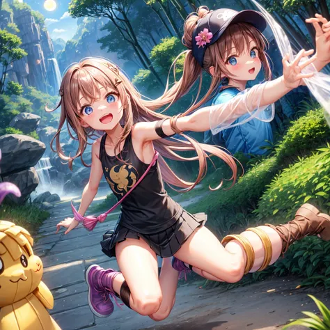  pink brown brown hair、  blue eyes、  Has hair tied  、Two cute people、  check mini skirt、  black t-shirt、 Light clothing、  tank top、  camisole、 high socks、 Boots、Teeth are visible、The stone is cracked、  The Road Is Crooked 、Mountain々、fog、 moon、  shooting st...