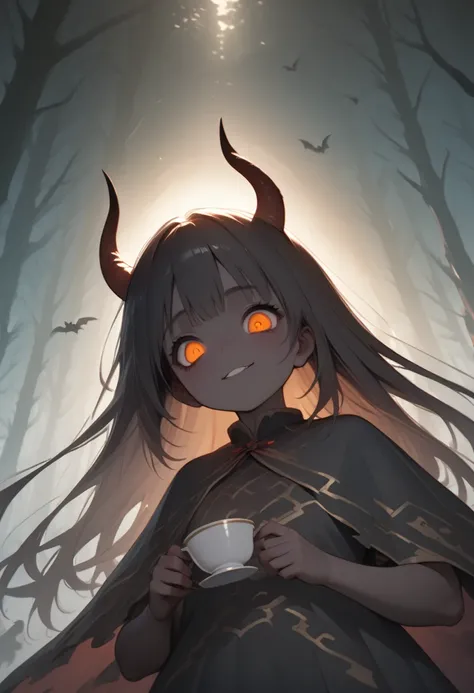 ( Dark Girl Drinking Black Tea at Moonlight "Hzk"),Alone,( 1 cute devil girl ), (Black profile close-up ) , ( Upper Body Focus ,Hand Held Teacup ) , (Amazing Evil Smiles ) , (Horns and long nails and orange eyes),( look down:1.3),( Wears a Very Long, Large...