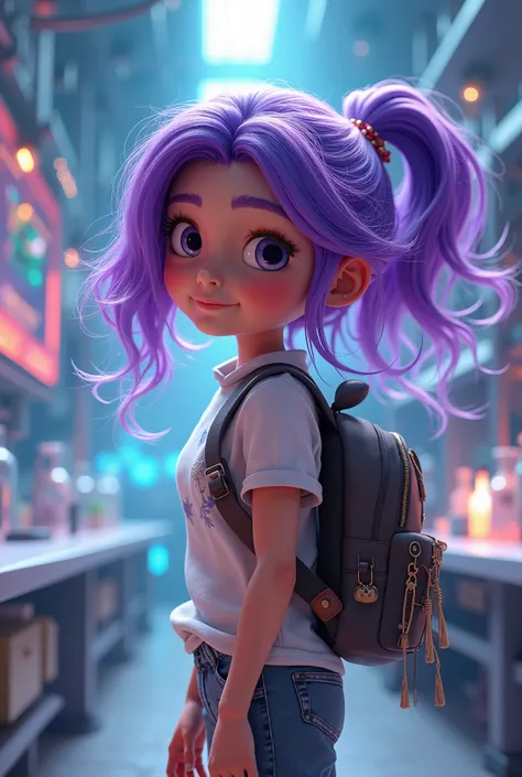  girl hair Lasio Pixar 3d purple backpack science background