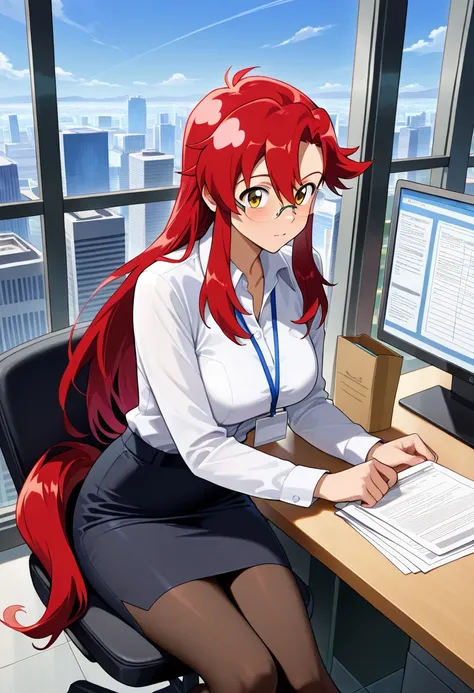 masterpiece,best quality,beautiful detailed face,detailed skin,detailed texture,high resolution,Tengen Toppa Gurren Lagann,source_Tengen Toppa Gurren Lagann, yoko Littner ,1girl, red pony tail,office lady,business suit,a few botton opend,pencil skirt,glass...