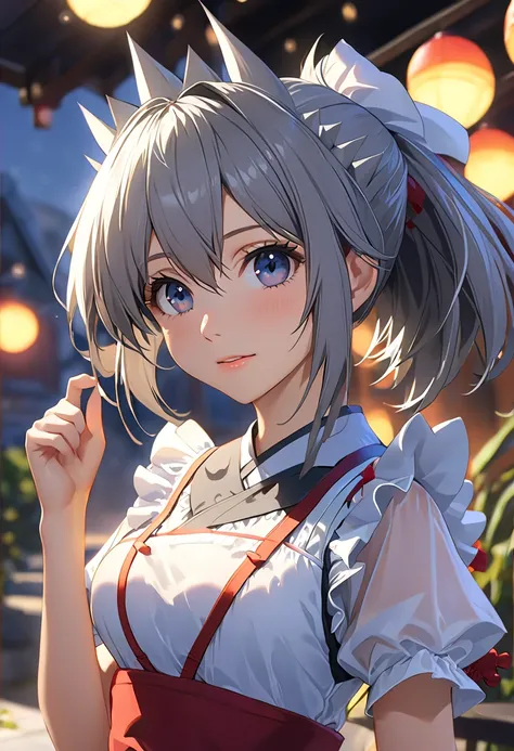 ((16 Night Sakiya)), (( Touhou Project)),  cosplay, 20-year-old woman, ((( gray hair)), ((Medium spiky hair)), (( Blue Maid Outfit)), (( white blouse)), Middle of chest, (light)))), ( pose ))), (Photo realistic photo : 1.3), rim lighting, ( High Detail Ski...