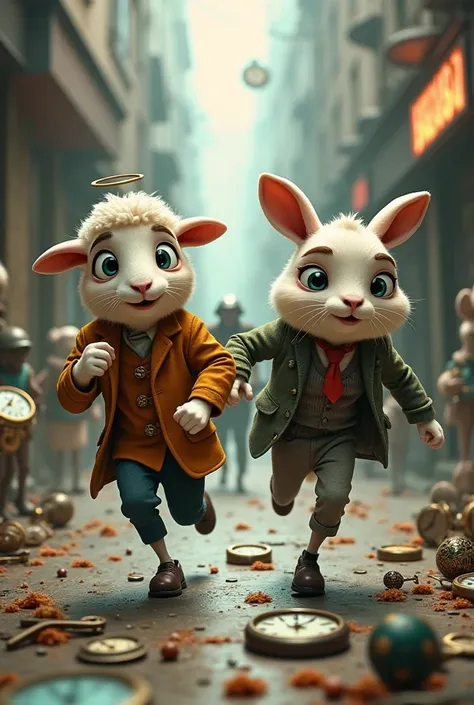 a sheep and rabbit in humen body stolen clocks and wearing a thef face, still cartoon and runing from police