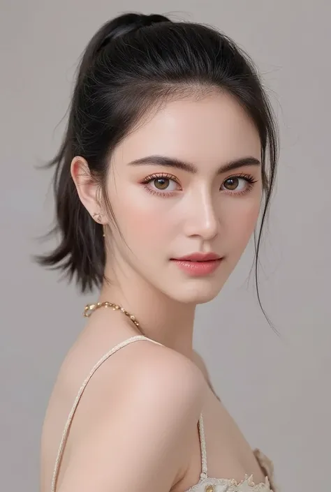 A professional photo, masterpiece. Mai Davika Hoorne, beautiful pale skin Russian woman, (((ponytail hair))), ultra detailed facial features, natural facial skin without make up, alluring facial expression, UHD, 16K, RAW, natural eyes, photorealistic, soft...