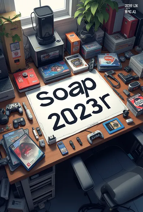 A table with console games on it, and in the middle of the table there is an inscription "Soap2023R" and it is very busy, all the game tools are around the name.