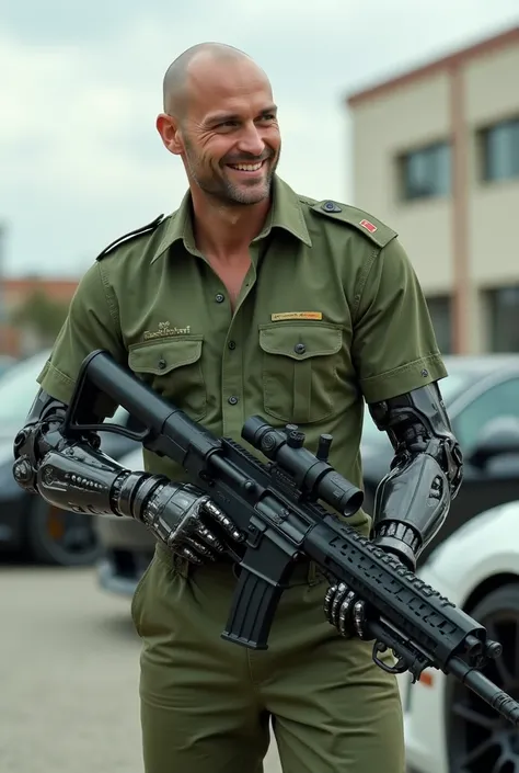  Make a thin and bald man ,  dressed in a green military dress shirt , green pants .  With robotic arms . Do it with a grenade launcher ,  looking through an electronic sight attached to the gun .  smiling,  scenario is a parking lot with futuristic cars, ...