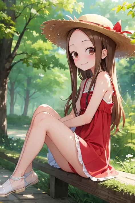 (takagi-san )
 upper body： summer dresses
lower body ： straw hat
Subject size：Girl
background ：Forest
Time ：Sunlight
expression ： evil smile
posture ：sitting backwards