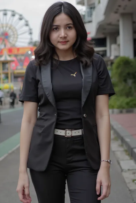 Beautiful female photography model, Indonesian artist Bulan Sutena, She poses very seductively, looking forward at the camera, the girl poses while standing on the street, daylight, (( sexy black t-shirt, in the street, camel toe, arrousing, temptating, se...