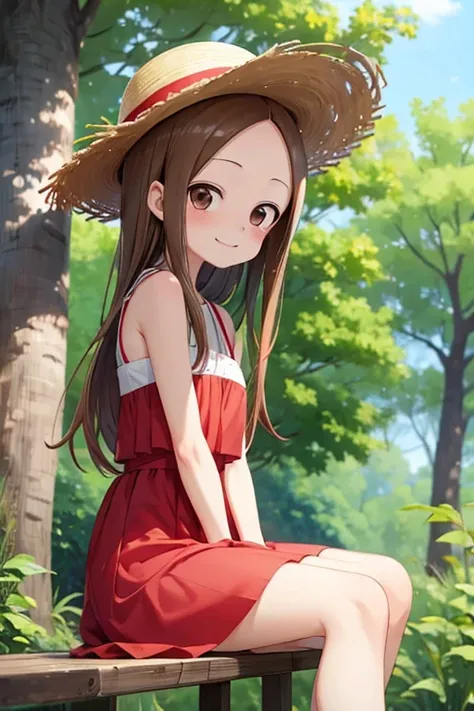 (takagi-san )
 upper body： summer dresses
lower body ： straw hat
Subject size：Girl
background ：Forest
Time ：Sunlight
expression ： evil smile
posture ：sitting backwards