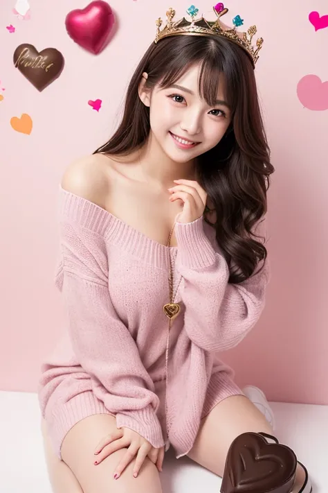 8K photo, raw photo, Japanese female (21 yrs old), solo, smiling shyly while holding out wrapped chocolate box with both hands, baby pink off the shoulder sweater dress, heart print tights, half naked, platform heels, wavy long hair with mini crown, heart ...