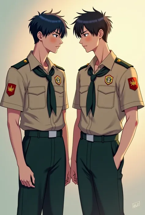 there are two boys in uniform standing next to each other, a picture inspired by Liang Kai, tumblr, happening, scout boy, yanjun chengt, kim doyoung, damien tran, ruan cute vtuber, kim jung giu, dang my linh, young wan angel, duy beni serial, cai xukun, pa...