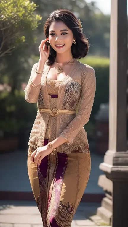 (Best quality, high resolution, Masterpiece: 1.3), a beautiful woman with a slender figure, (dark brown layered hairstyle), wearing a pendant, ((kebaya_bali)) outdoors, scenic beauty, lakes and mountains in distant background, details in face and skin text...