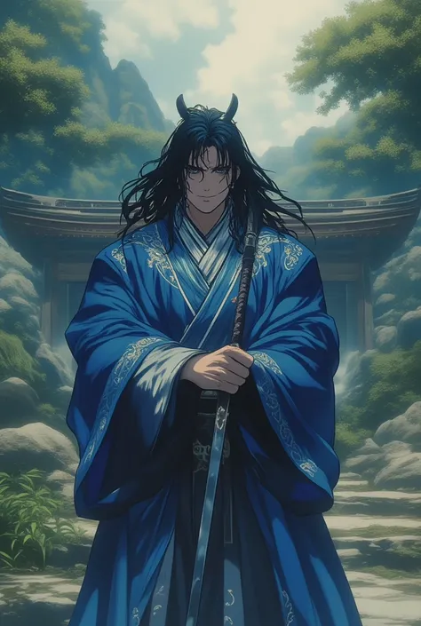 Create a Taoist he is the leader of the Murim Alliance,  uniform with long black hair,  black eyes, wear a blue robe with white details, he is 30 years old, He is very muscular 