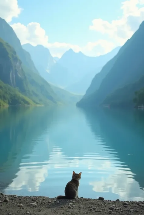 A serene lake scene with clear reflections of the sky and mountains on the water. At the edge of the lake, a small cat stands on the shore, gazing into the water. On both sides of the cat, majestic mountains rise in the distance, their peaks touched by clo...