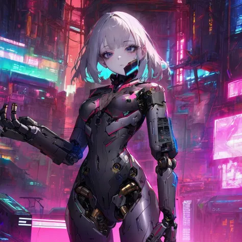 masterpiece,  highest quality,  high resolution,  1girl ,solo, very beautiful face、Delicate eyelashes, dark eyes、 machine arm 、Mechanical legs、 Machine Body 、 Cyberpunk Backgrounds,