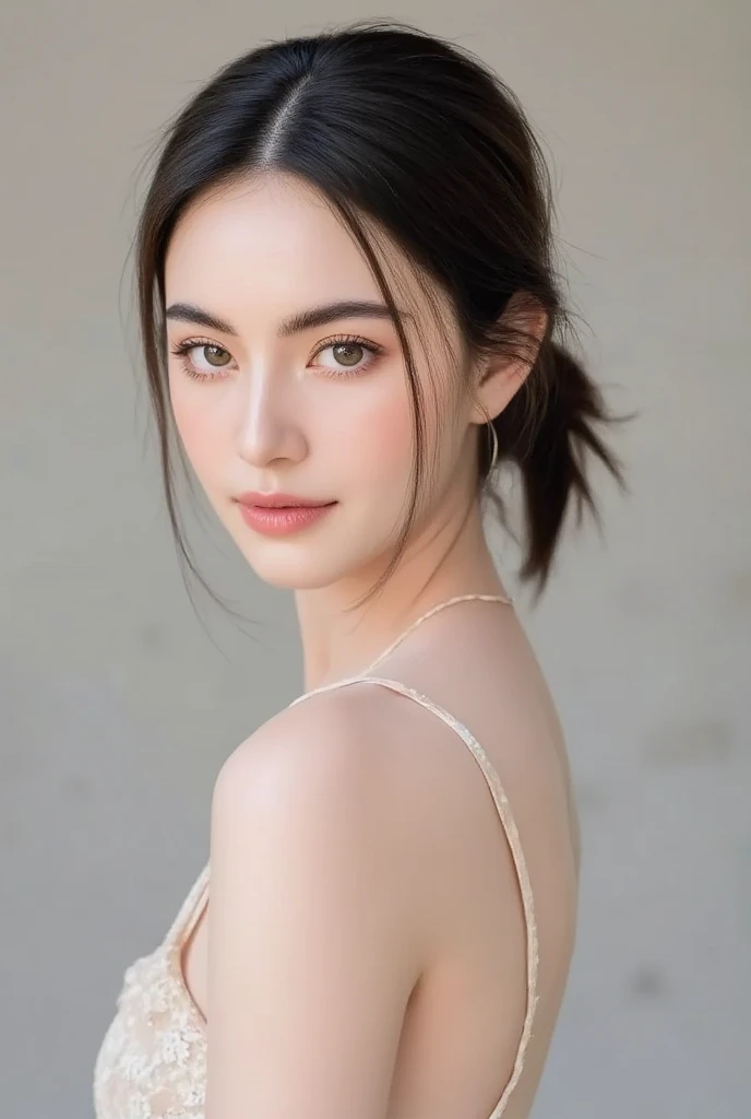 A professional photo, masterpiece. Mai Davika Hoorne, beautiful pale skin Russian woman, (((ponytail hair))), ultra detailed facial features, natural facial skin without make up, alluring facial expression, UHD, 16K, RAW, natural eyes, photorealistic, soft...